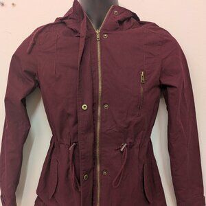 Auline Collection Burgundy Red Cinch Waist Hooded Anorak Jacket Size Small